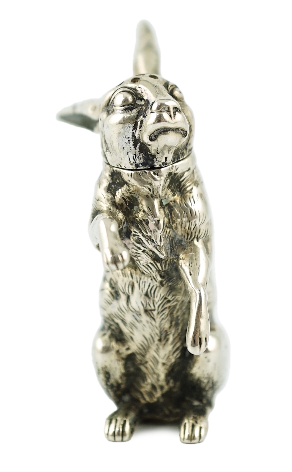 An early 20th century Russian? 84 zolotnik novelty pepperette, modelled as a rabbit